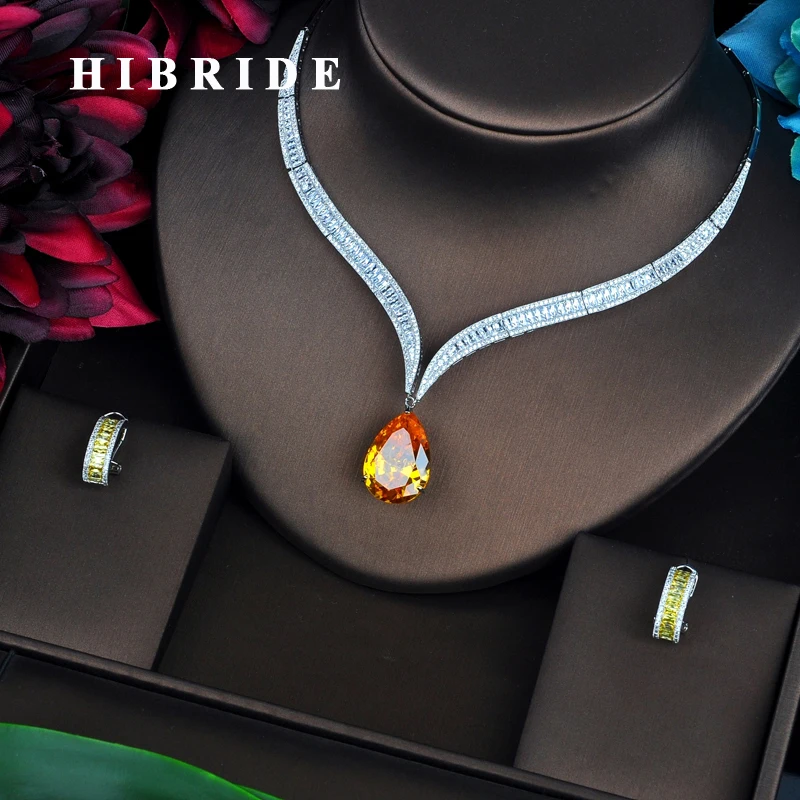 

HIBRIDE Luxury Yellow Water Drop Cubic Zirconia Women Jewelry Sets Necklace Set Wedding Bride Dress Accessories Party Show N-444