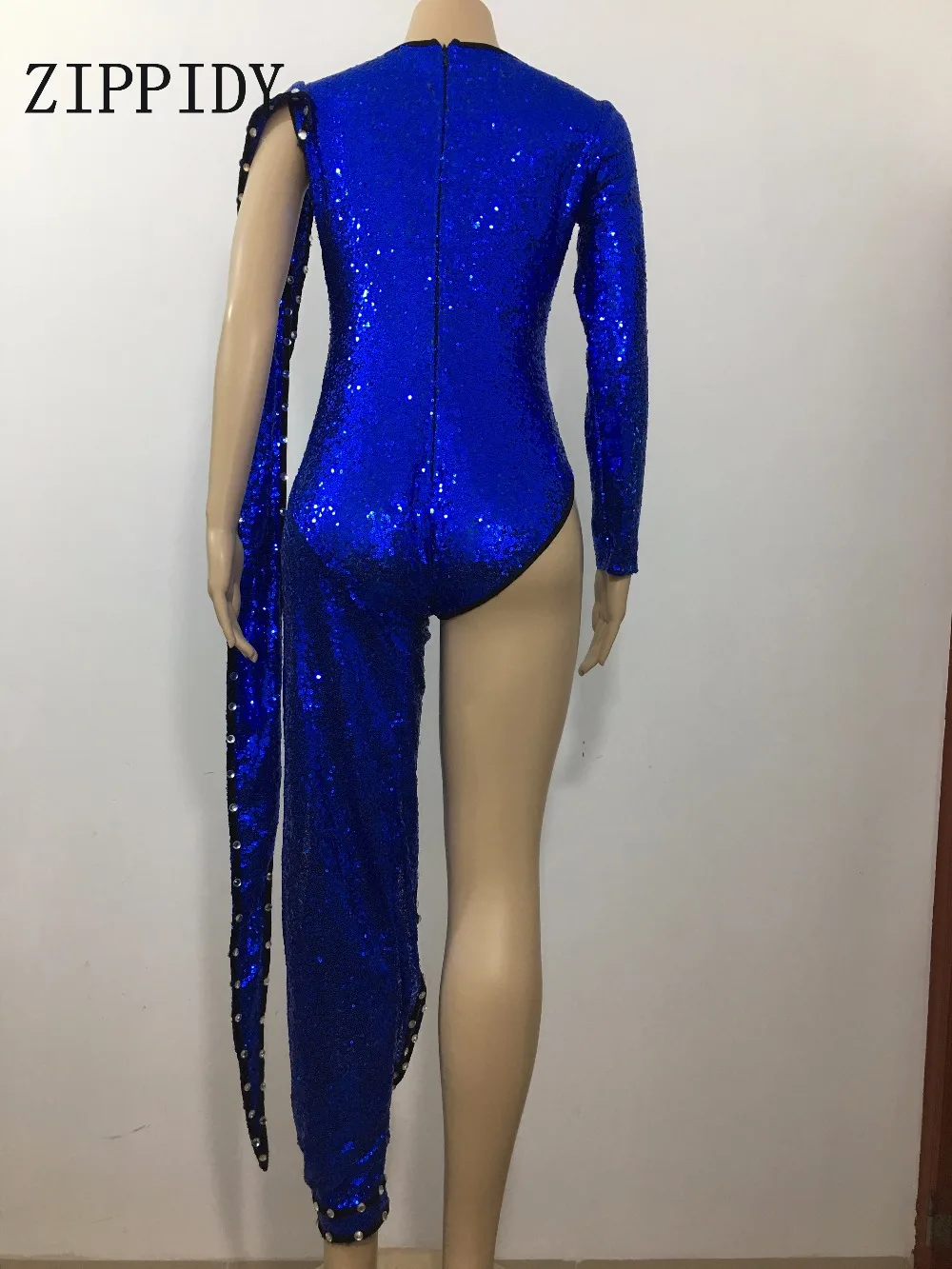 Blue Sequins Crystals Single Leg Irregular Bodysuit Beads Jumpsuit One-piece Costume Singer Dance Performance Outfit Stage Wear