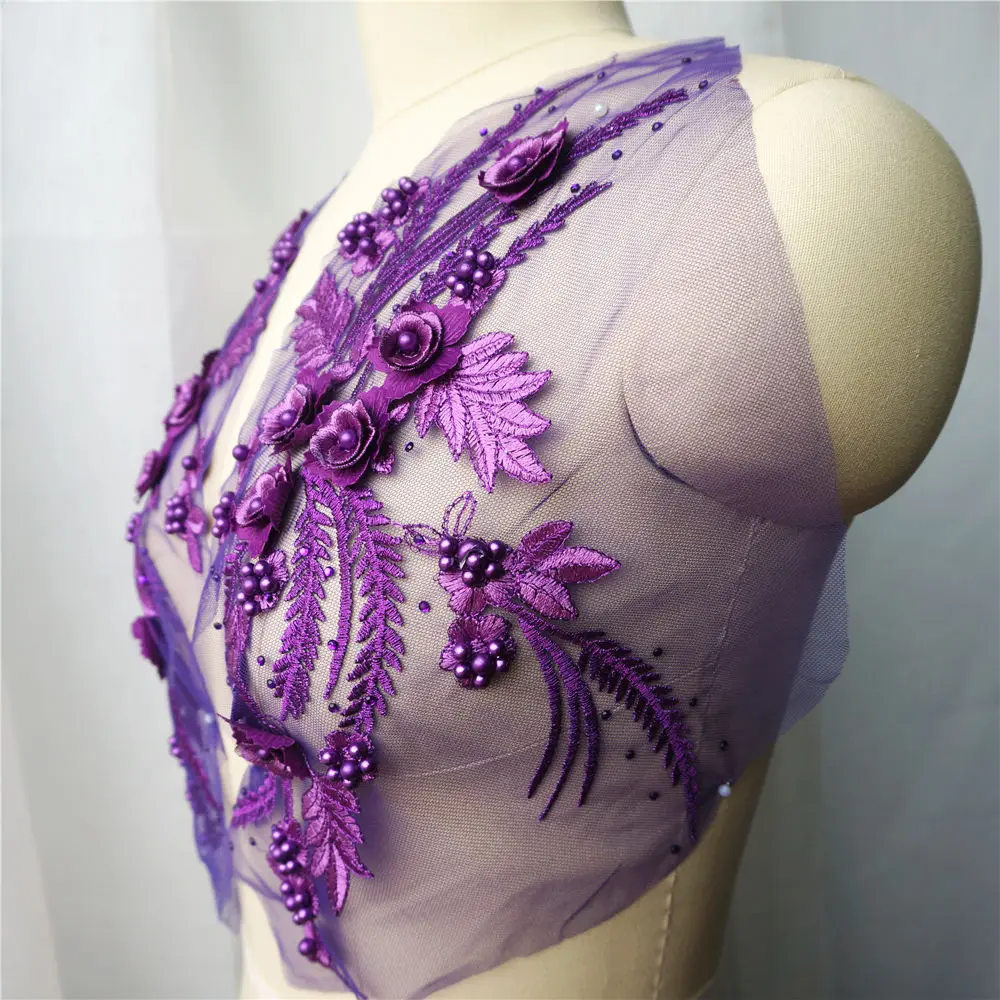 2PCS Purple Lace Fabric 3D Flower Tassel Beads Rhinestone Embroidered Wedding Gown Appliques Sew Patch For Dress DIY Decoration