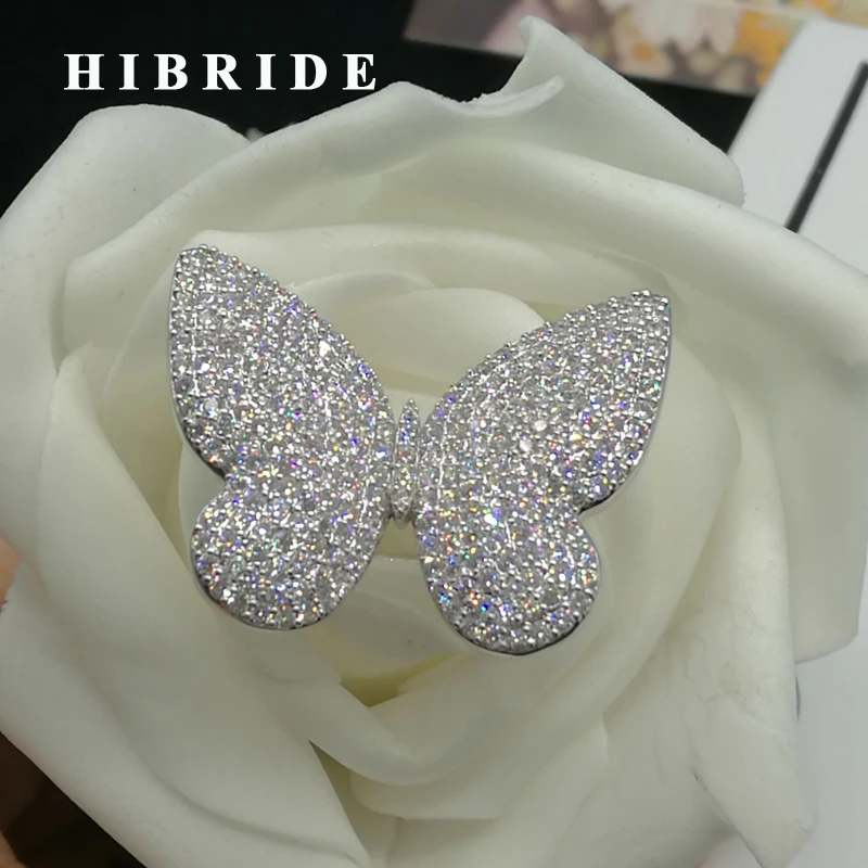 HIBRIDE Clear Big Butterfly Adjustable Size Wedding Rrings White Gold Color Micro Rhinestone Pave Anillos Mujer  R-150