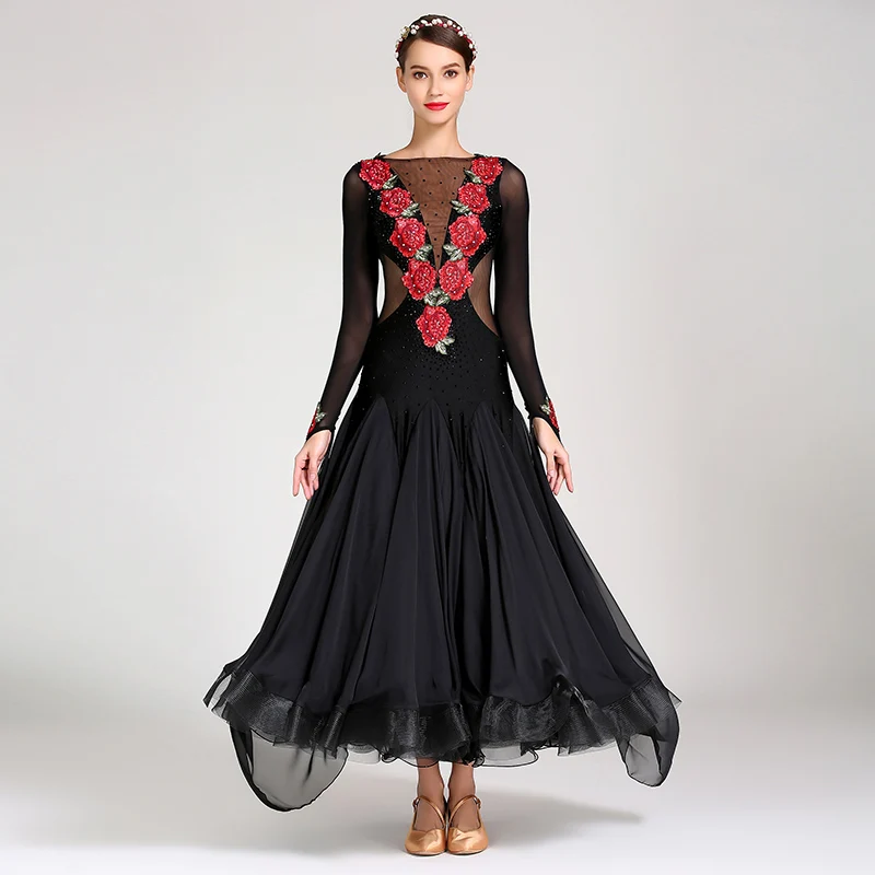 Embroidery Waltz Tango Standard Flamenco Womans Ladies Ballroom Dance Competition Dance Wear Dresses Black Mesh Long Sleeve