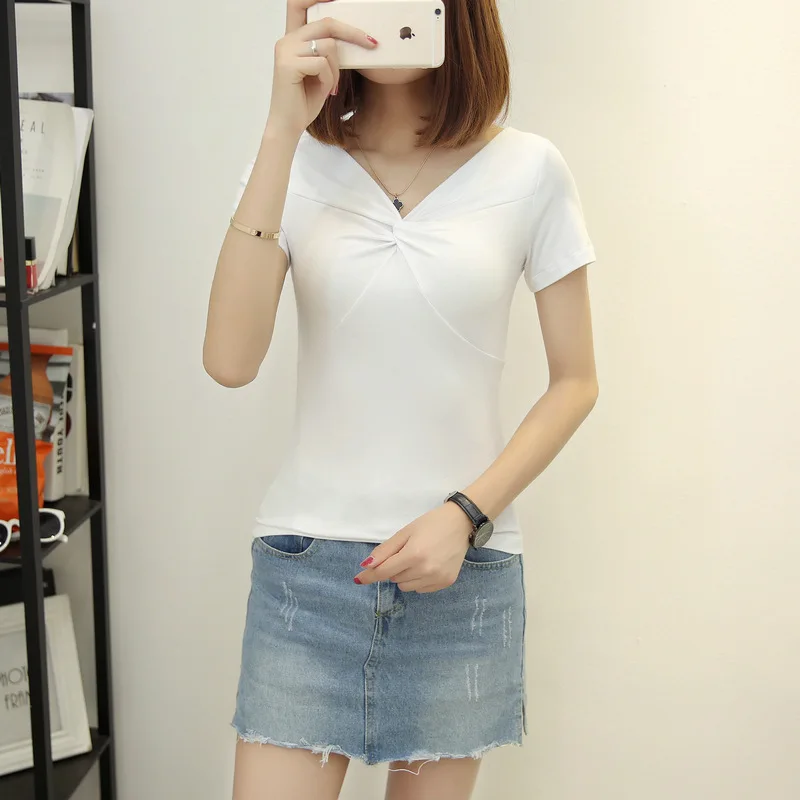

MRMT 2024 Brand New Women's T Shirt Solid Color V Collar Short Sleeve Cotton Ladies Slim T-shirt for Female Tops T-shirt