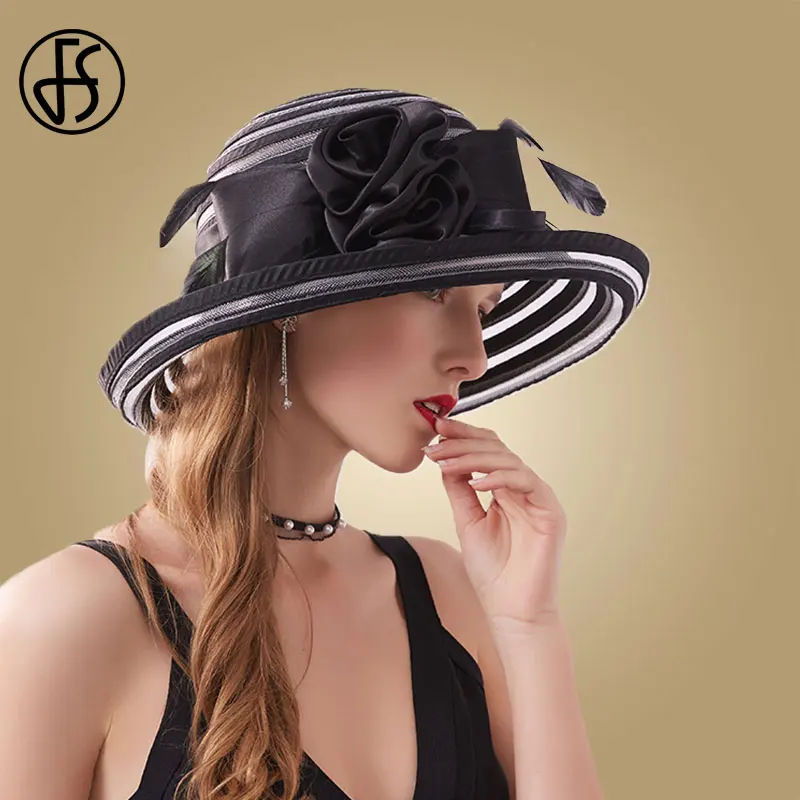 FS Black Wide Brim Fedoras Hats Church Caps Summer Women Hat 2020 Big Flower White Elegant Sun Hats Foldable