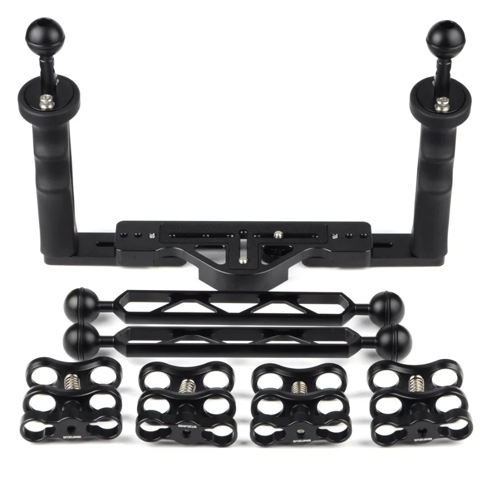 Dual Handle Tray/Grip Stabilizer Rig With Double Ball light Arm Ys Head and 1\'\' Ball Clamp Mount Set for Underwater Housings