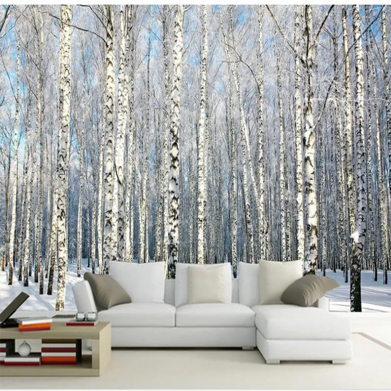 wellyu  Custom large frescoes birch forest snow landscape TV backdrop non - woven wallpaper papel de parede para quarto