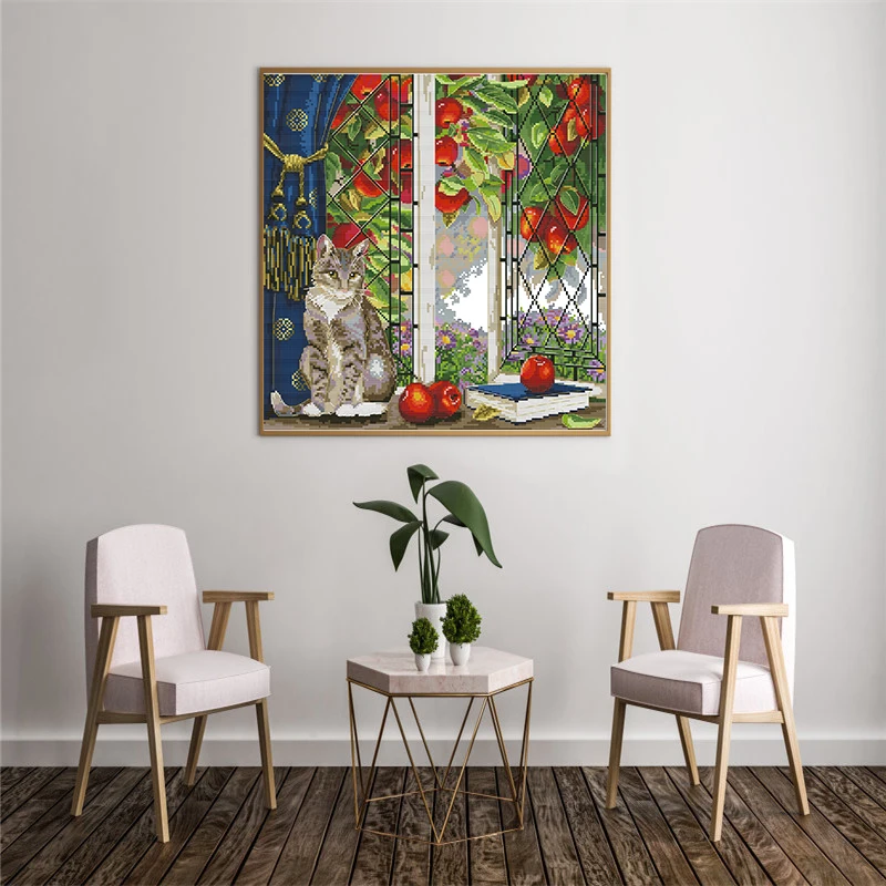 Cat on the Windowsill, Counted Printed on Fabric DMC Cross Stitch kits, Embroidery Needlework Sets Accessories Home Decoration