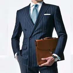 Chalk Stripe Men Suit Custom Made Navy Blue Mens Striped Suit,Tailored Double Breasted Suit With Ticket Pocket