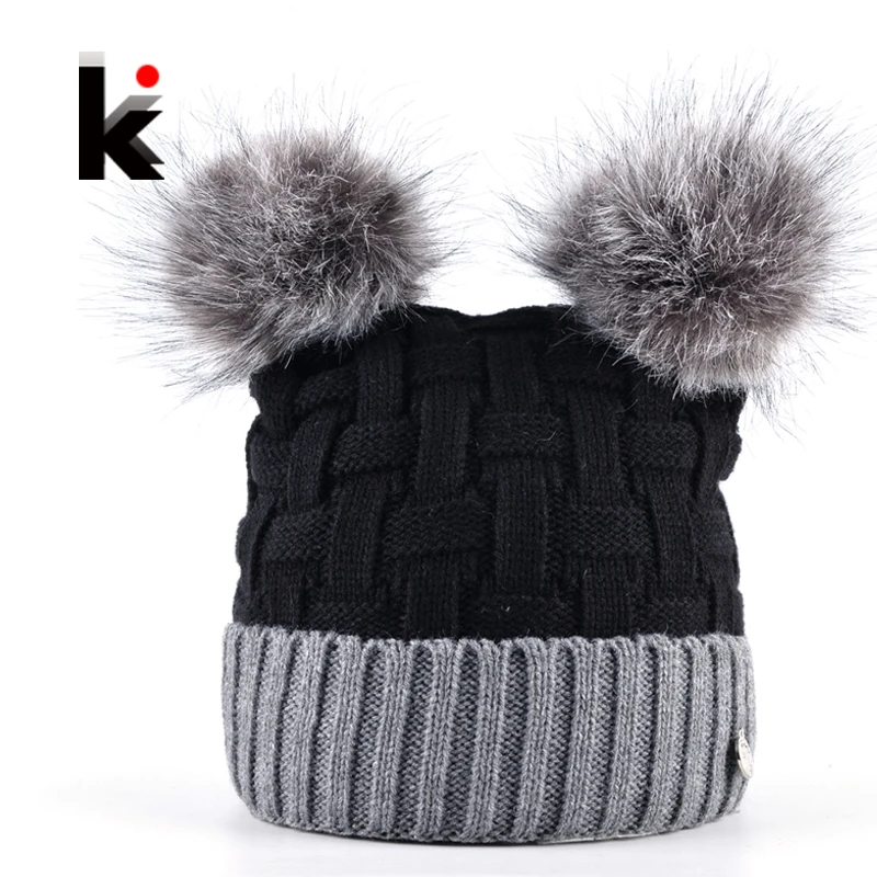 

Winter Womens Beanie Hat With Two PomPom Knitting Wool Skullies Cap Female Imitation Fur Ball Knitted Beanies Bonnet Girls Touca