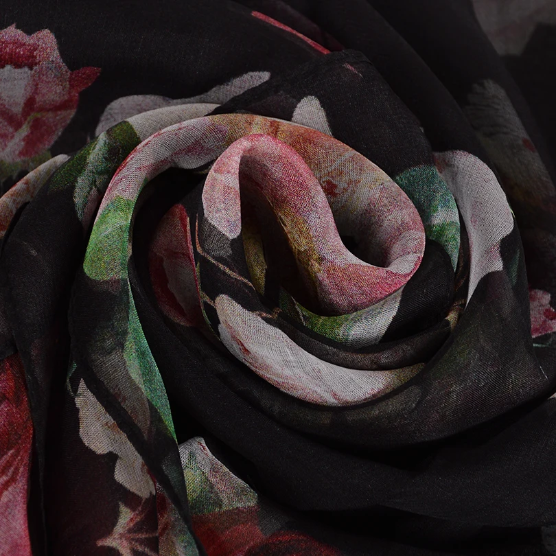 [BYSIFA] Black Roses Silk Scarf Shawl Women Spring Autumn Floral Design Long Scarves 2018 New Brand 100% Scarf Foulard 180*110cm