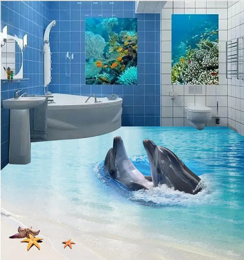 3D floor stickers Sea World Dolphin Beach floor murals in wallpapers PVC waterproof floor   self-adhesive 3D floor