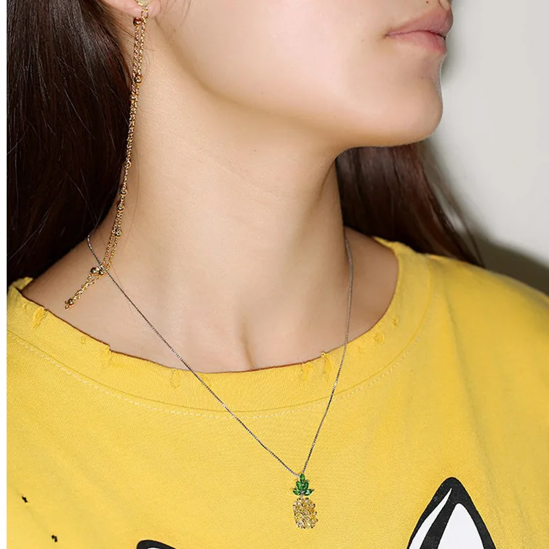Sweet Pineapple Fruit Shine Cubic Zirconia Platinum Plated Ladies Pendant Necklaces Jewelry For Women No Fade Short Chains