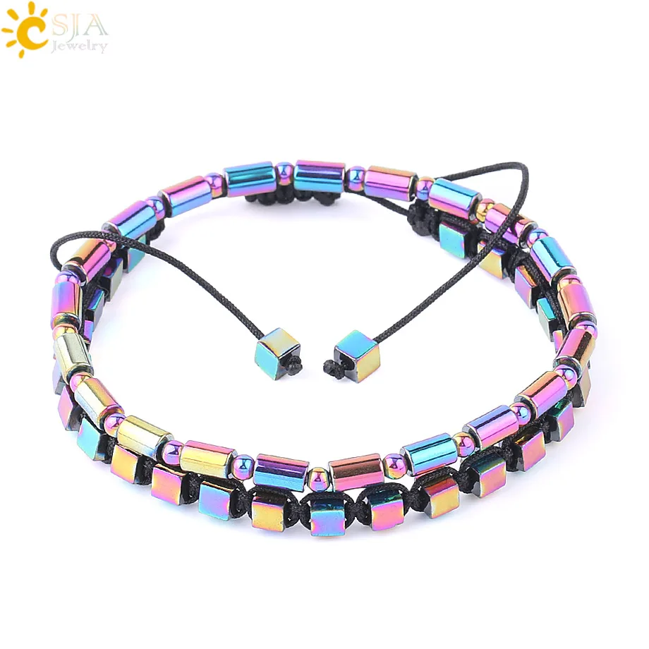 CSJA Fashion Hematite Bracelet Magnetic Elastic Weave Adjustable Bracelets Square Cylindrical Healthy Bangles for Men Women F623