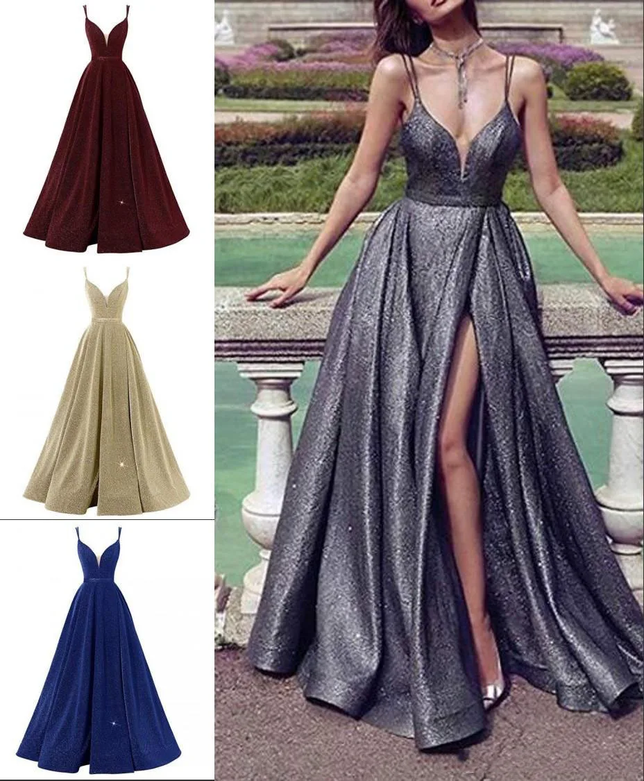 Vestido De Festa Ensotek 2021 Nieuwe Gradiënt Split Avondjurken Sequin V-hals Contrast Kleur Party Gown Formele Prom Wear