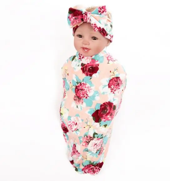 

2017 kids swaddle blanket and bowknot Floral bows headband set flower bud blanket girls photography props muslin swaddle wrap