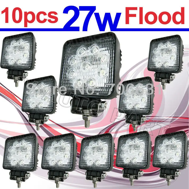 

Tkeap THTMH 10pcs 12V 24V 9*3W 27W LED work Lamp Light Flood Beam Truck Off Road UTE D40 SUV 4WD Boat off road IP67 Sqaure shape