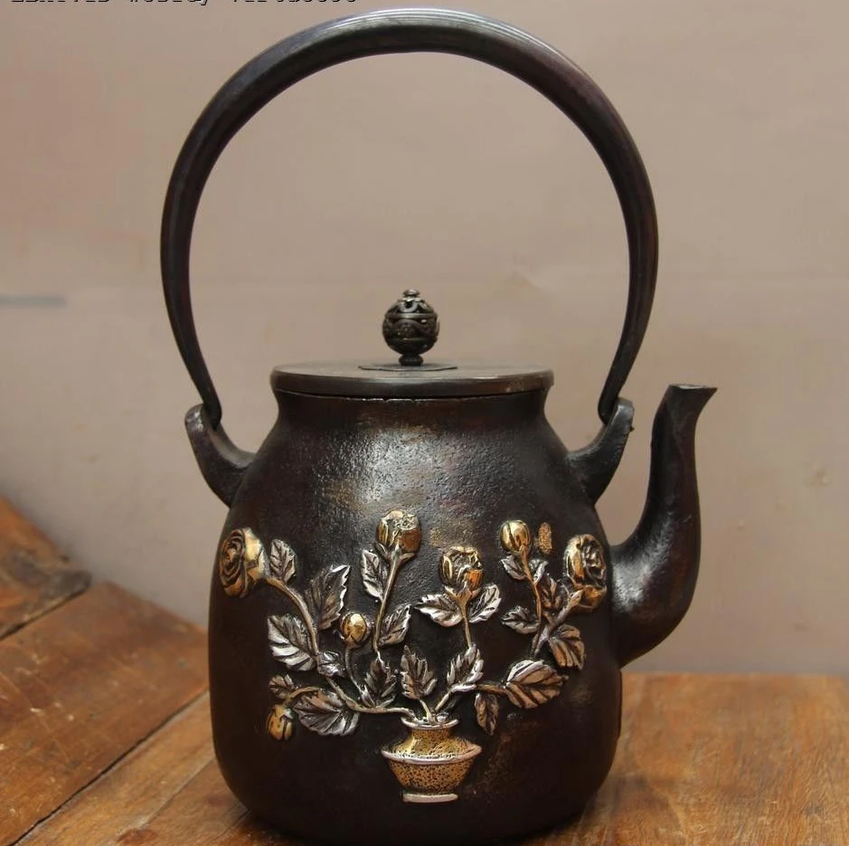 

Archaic Jepan Iron Silver Gilt Rose Flower Butterfly Water Pot TeaPot Teakettle