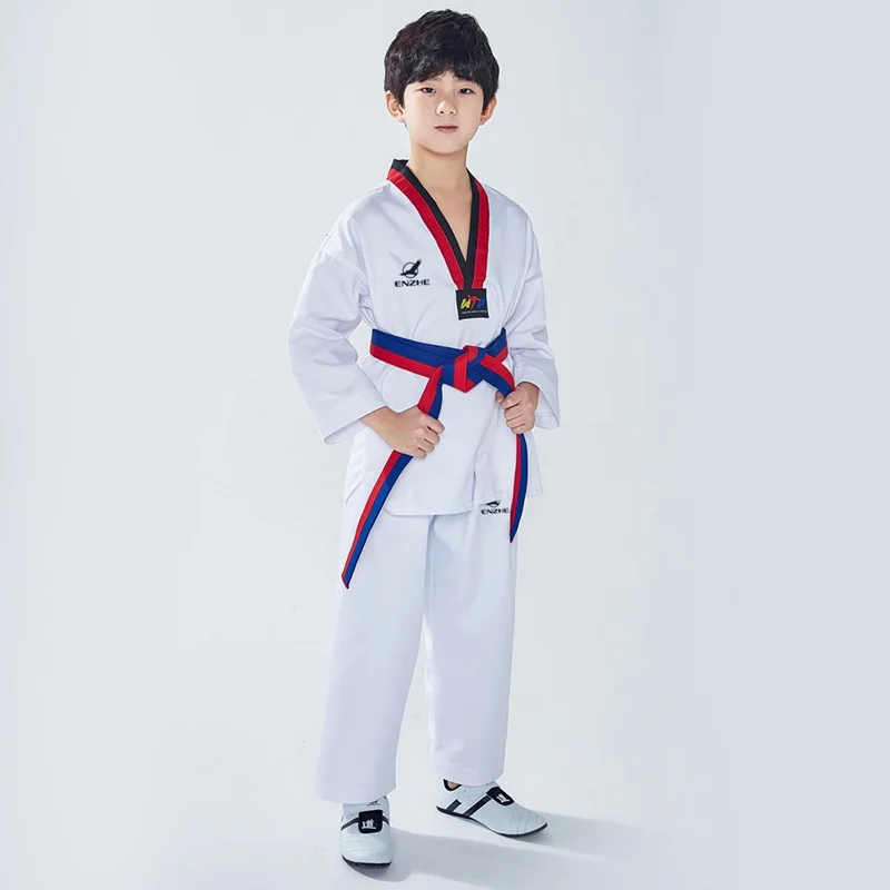 White Cotton Taekwondo Uniforms Karate Judo Taekwondo Dobok Clothes Children Adult Unisex Long Sleeve Suit TKD Clothing