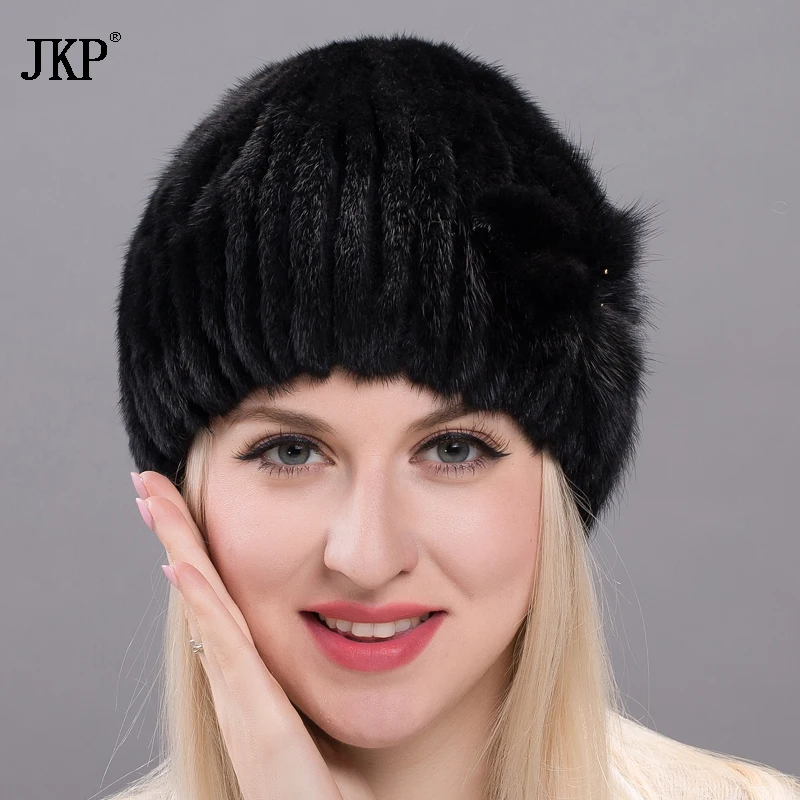 Winter Hats Women Genuine Mink Fur Cap Striped Knitted Casual Solid Female Beanies Fashion  Natural Warm mink Fur caps DHY17-22