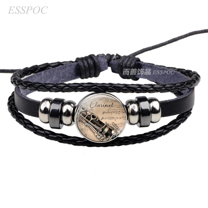 Fashion Music Accessories Musical Instrument Glass Dome Violin Clarinet Flute Black Braid Leather Pendant Jewelry Bracelet Gift