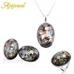 Ajojewel Unique Sea Shell Jewelry Sets For Women Egg Shaped Stone Necklace Earring Ring Sets For Party Wedding Gifts