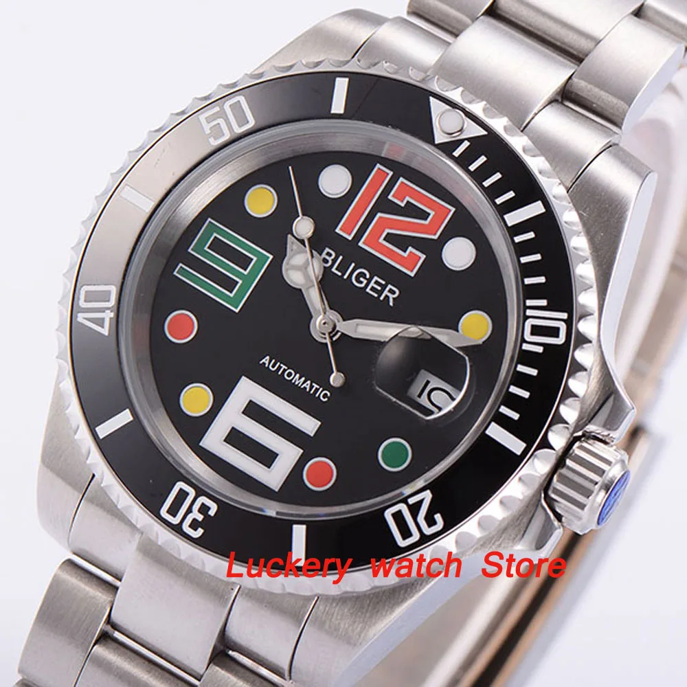 Bliger 40mm สีดำ dial luminous sapphire แก้วเซรามิคสีดำ Bezel SUB อัตโนมัติผู้ชาย watch-BA23