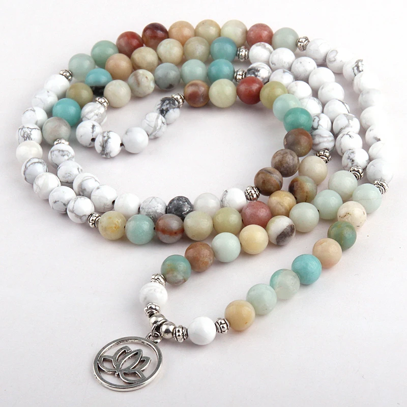 Fashion White Beads Amazonite Stones Bohemian Tribal Jewelry 108 Mala bracelet Lotus Flower Charm Necklace