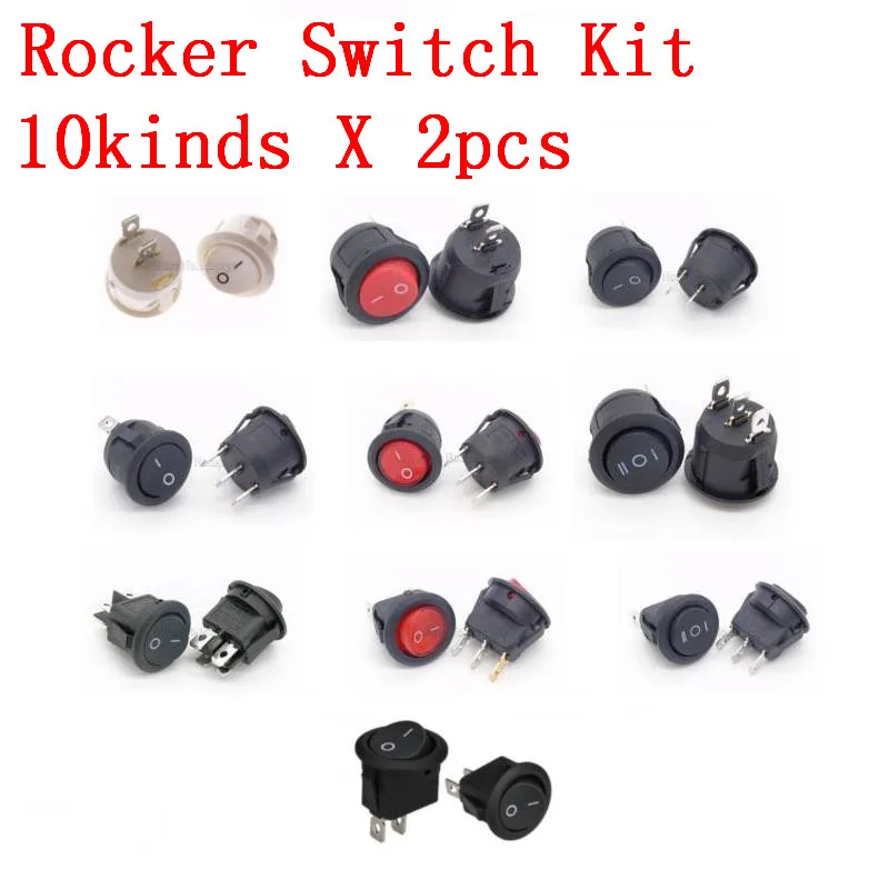 20Pcs 23mm Round Rocker Switch Kit 2pin 3pin 4pin 10A/125V 6A/250V AC 2/3 Position SPDT DPDT ON-OFF-ON/ ON-OFF 10kinds X 2pcs