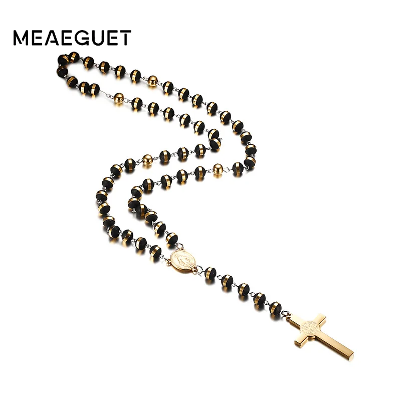 Meaeguet Black/Gold Color Long Rosary Necklace For Men Women Stainless Steel Bead Chain Cross Pendant Women\'s Men\'s Gift Jewelry