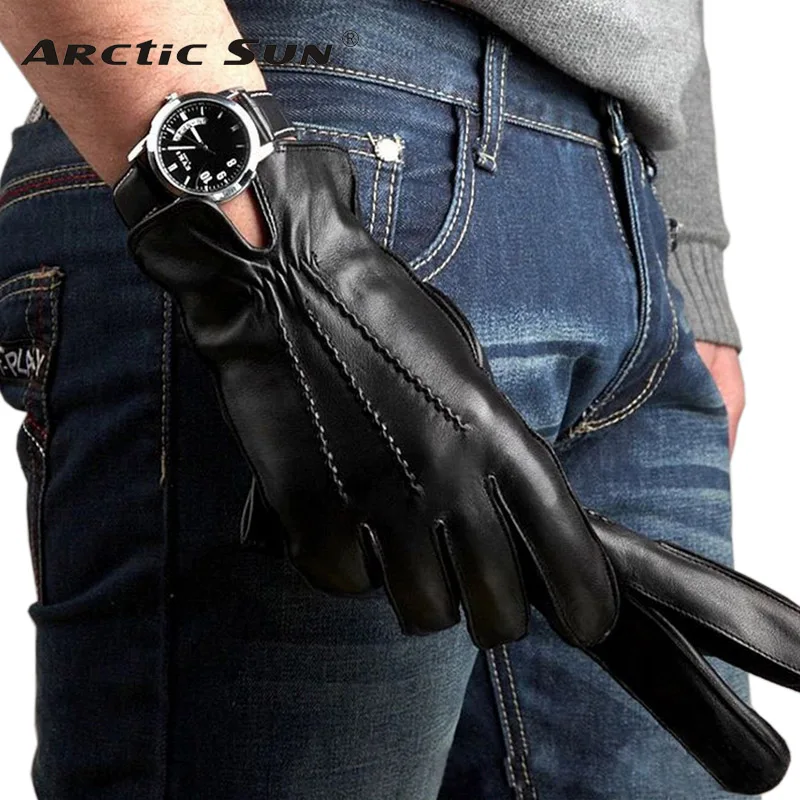 Genuine Leather Gloves Male Autumn Winter Men Sheepskin Driving Gloves Thermal Plushed Lined Five Fingers M014WC