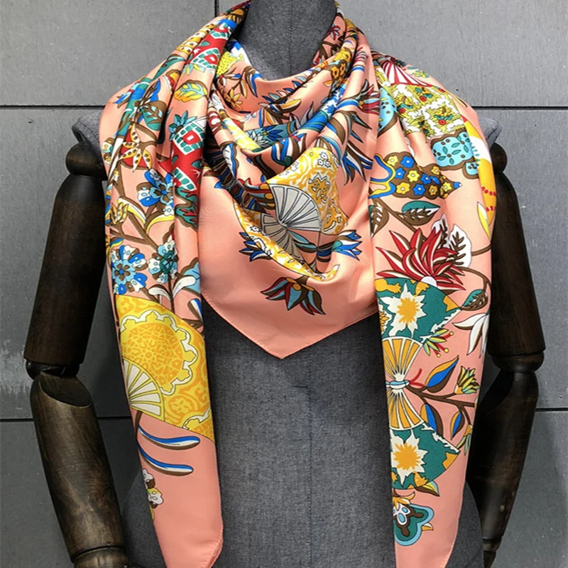 New  woman Fashion silk Scarf flowers Pattern Printing 130 Square scarf Decoration Headdress Gift headscarf high quality Shawl