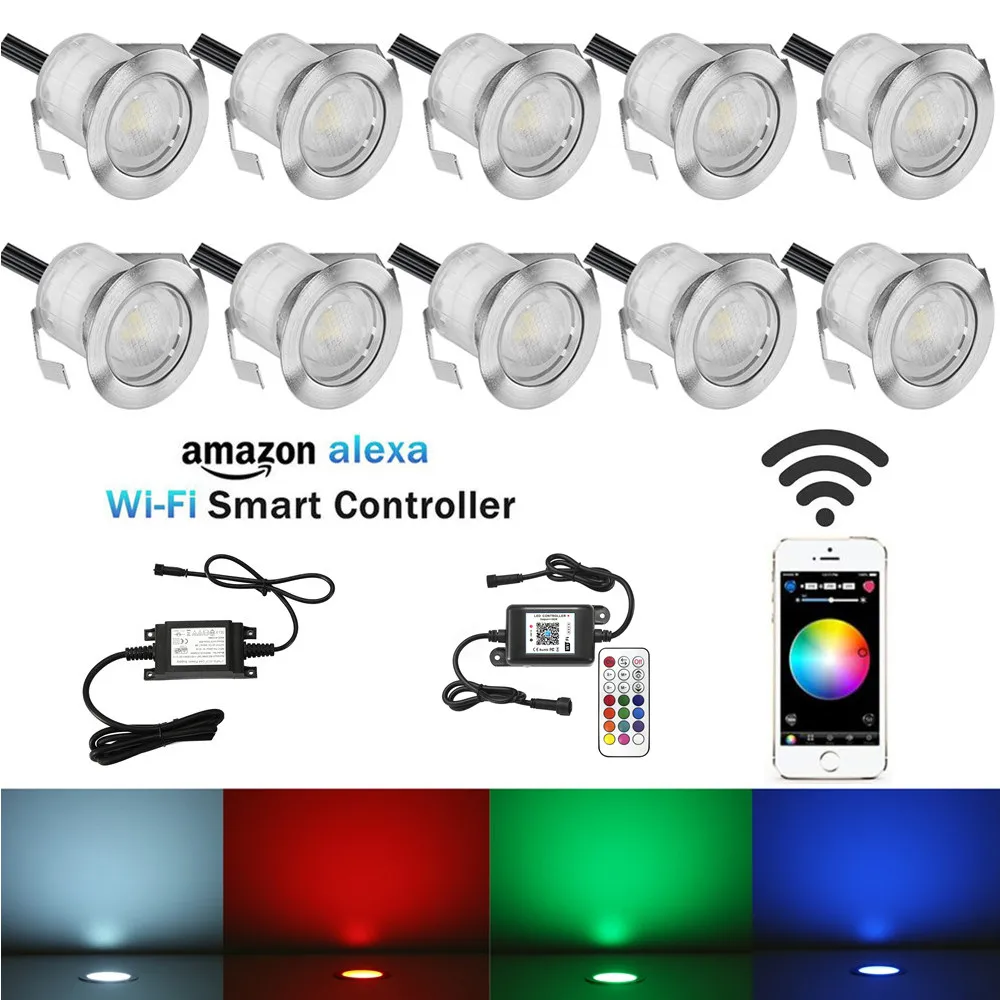 

10Pcs/Set 30mm RGB Changeable Color 12V LED Deck Stair Step Terrace Lights Wifi Controller Dimmer Timer for Alexa Google Home