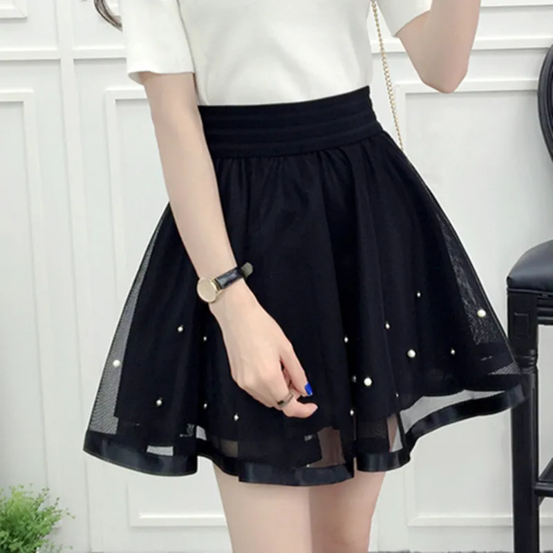 Special Offer Spring Summer Women Black Mini Skirt Korean Elastic High Waist Skirt Shorts Sweet Mesh Tulle Umbrella Skirt Falda