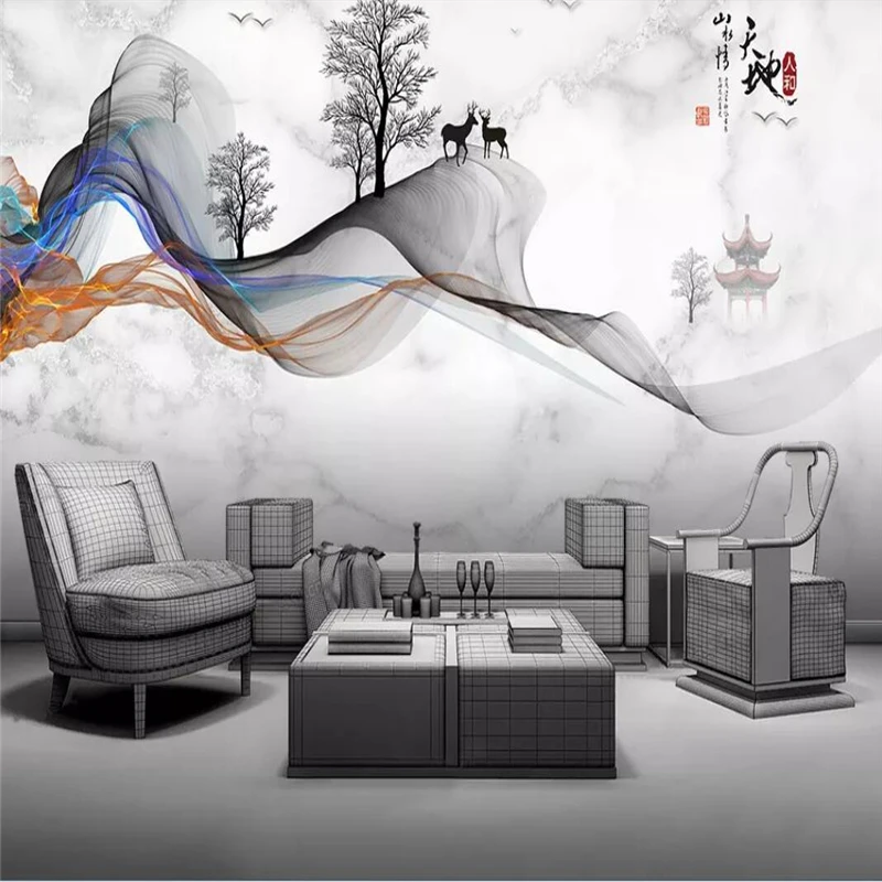 

Decorative wallpaper New Chinese abstract lines white artistic conception landscape background wall