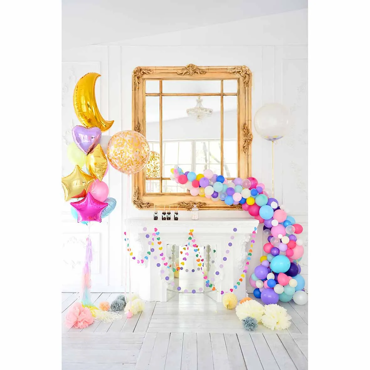 Allenjoy photography backdrops Moon stars balloons Birthday decoration White wooden floor chandelier backgrounds funds