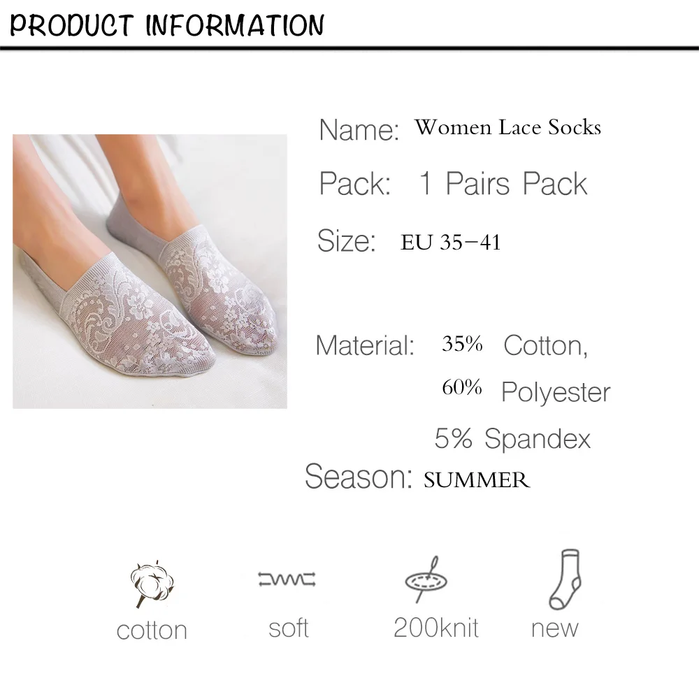 ARMKIN 1 Pair Women Summer jacquard weave Socks  invisible socks Lack Flower Thin socks Girls Short Socks Antiskid Ankle Socks