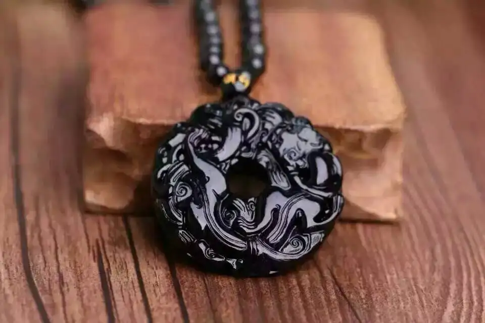 Free shipping Free shipping Natural frosted obsidian grass Long Pingan buckle necklace pendant with rope