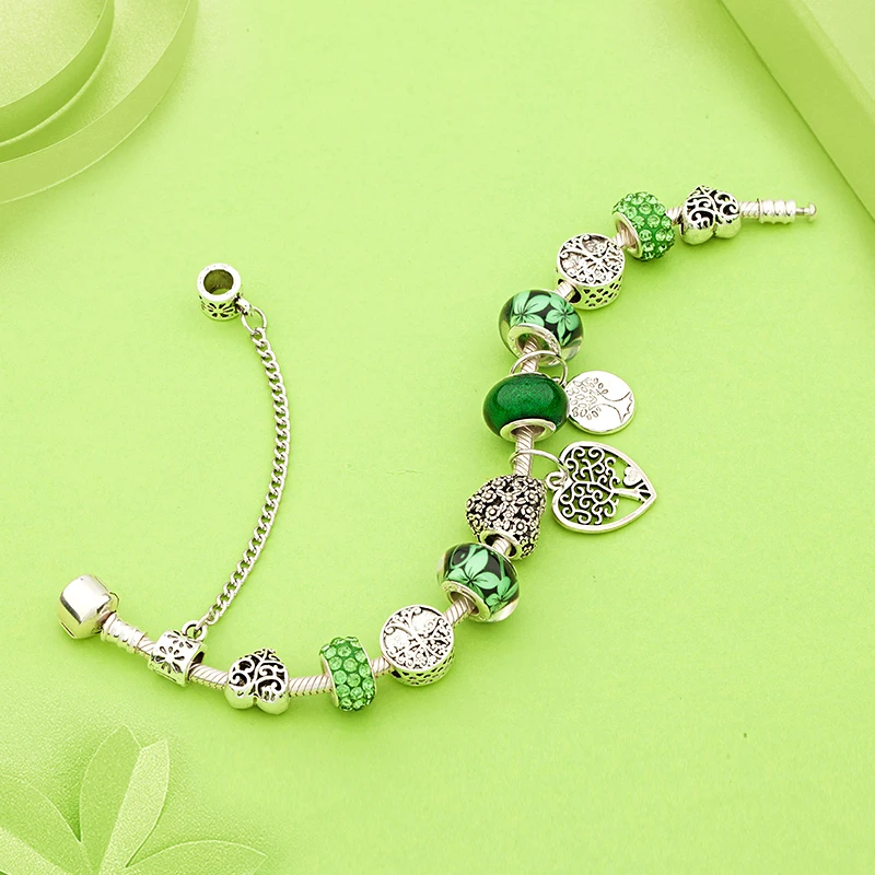 Antique Tibetan Silver Tree of Life Charm Bracelets Green Crystal Flower Bead Bracelet with Heart Diy Jewelry Pulsera Mujer