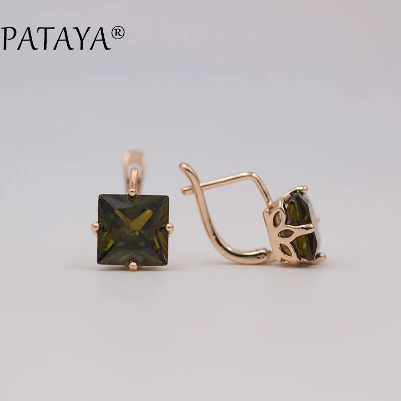 PATAYA New Trendy Wedding Earrings Women 585 Rose Gold Color Jewelry Fashion Big Square Pink Natural Zircon Luxury Drop Earrings