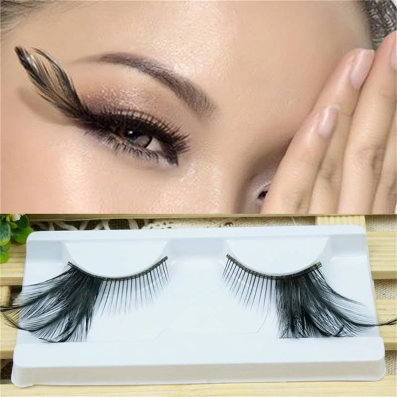 

1 pairs Black Feather Natural long false eyelashes cross winged lengthened exaggerated stage false eye Lashes makeup tool YM77