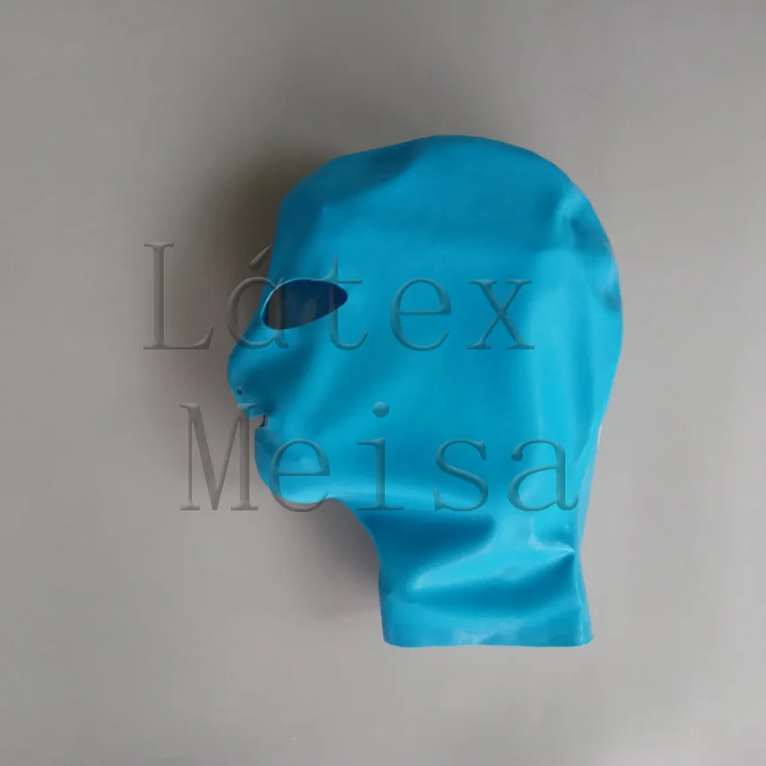 

latex hoods open eyes nostrils and mouth in sky blue color with back zip