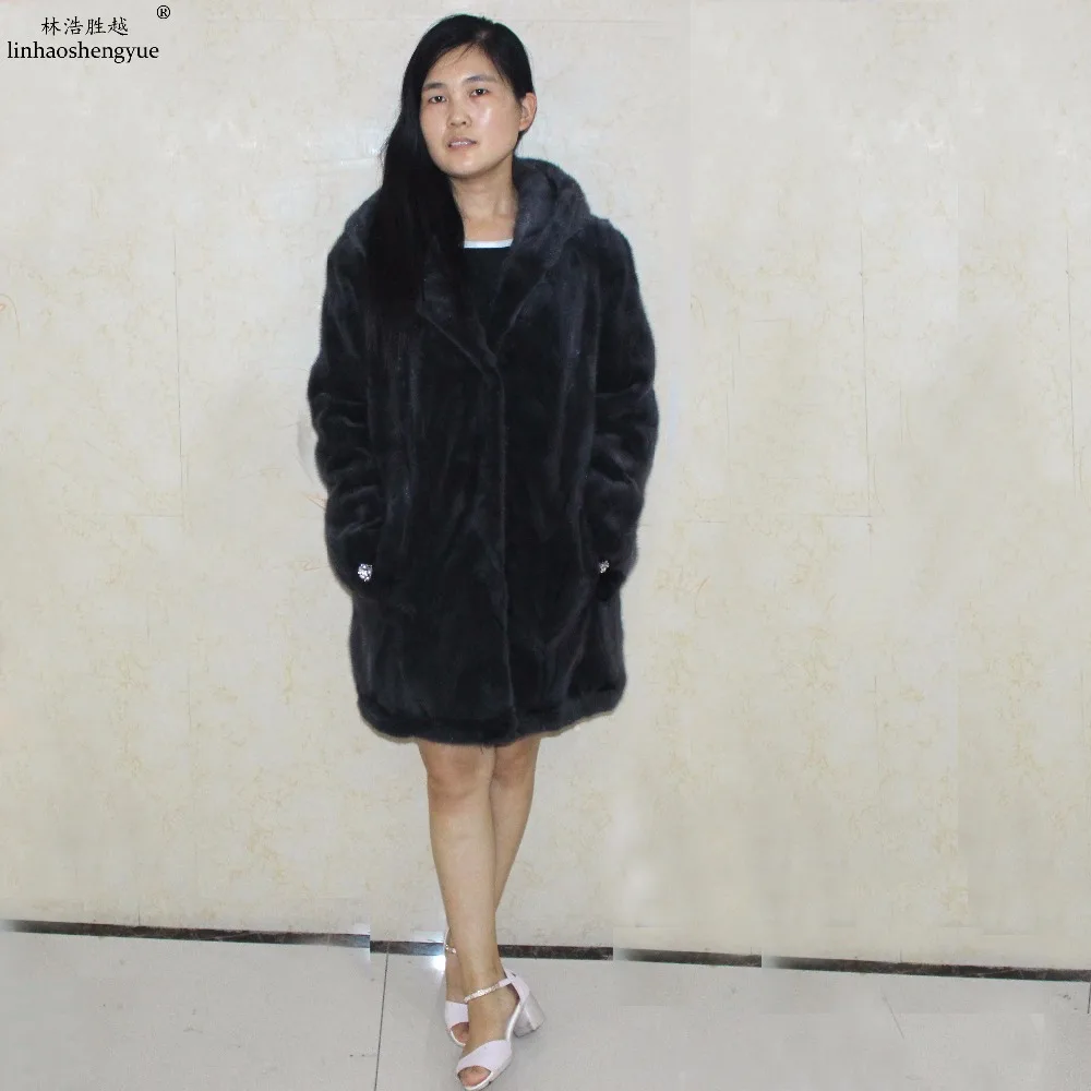 

Linhaoshengyue Winter Fashion Real Mink Fur Women Coat with Hood Fashion Warm Winter Fashion Women Coat