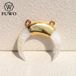 FUWO Wholesale Horn Shape Of White Shell Pendant,Golden Plated Crescent Jewelry Accessories For Necklace Making 5Pcs/Lot PD528