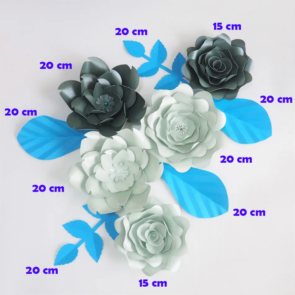 DIY Giant Paper Flowers Artificial Rose Fleurs Artificielles Backdrop 5pcs+ 5 Leave Wedding Party Decor Nursery Green Series