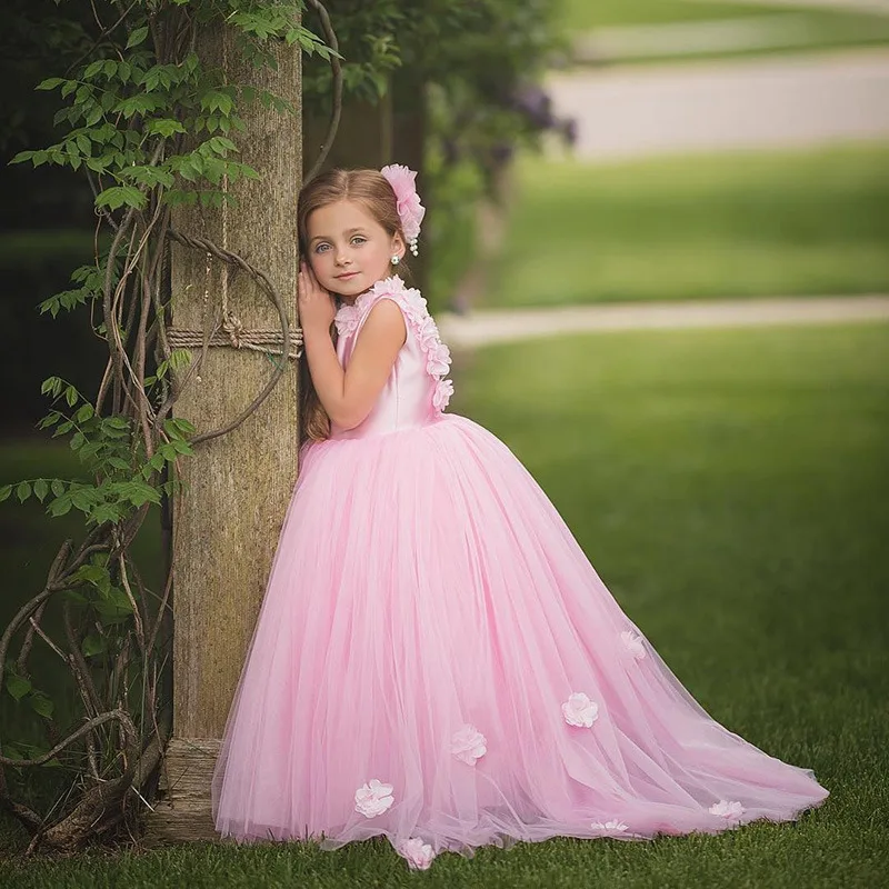 Lovely Pink Flower Girl Dresses Princess Sleeveless Applique Girls Fluffy Tulle Party Gown Pageant Holy Communion Dresses