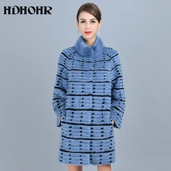 HDHOHR 2024 New Real Fur Coat Women Natural Mink Fur Coats With Wave Point Genuine Leather Three Color Fashion Fur Lady Jacket