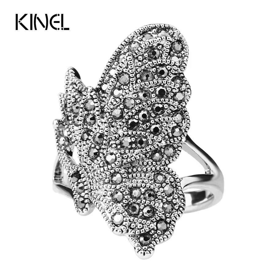 Unique Black CZ Zircon Butterfly Ring For Women Bohemia Style Silver Color Vintage Animal Jewelry Can Be Paired