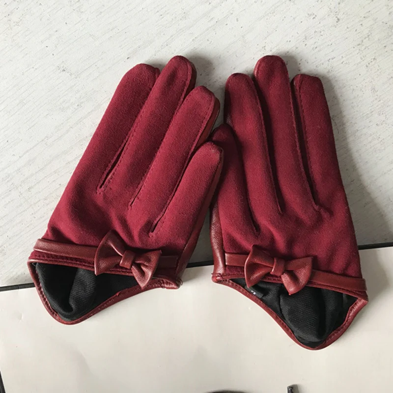 Winter Women 100% Suede Genuine Leather Half Palm Gloves Female Real Leather Bow-knot Black/Wine Red Fahion Show Flip Fur Luvas