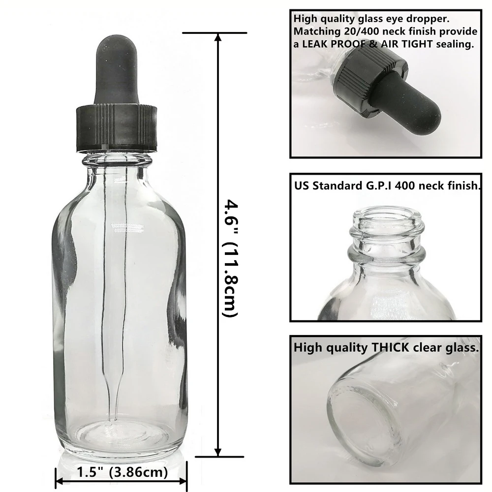 6pcs 2 Oz 60ml Clear Glass Dropper Bottle with Glass Eye Pipette Empty Refillable Essential Oils Aromatherapy Reagent Liquid