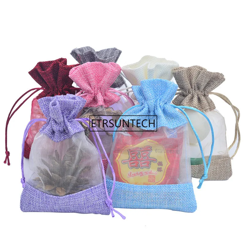 

200pcs/lot 2 Size Organza Jute Gift Packaging Bag Party Candy Favor Sack Linen Jute Drawstring Pouch Jewelry Gift Candy Bag