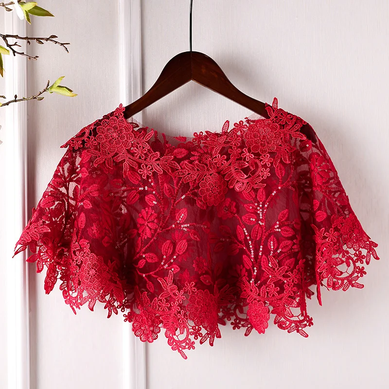 Fashion Lace Collar Wine Red Sequins Cloak Neck Shawl Thin Short Coat Strapless Small Shawl Vest Wedding Dress Lace Fabric